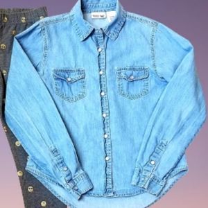 Scooter Brown Denim Long Sleeve Snapdown Top size Small 7/8